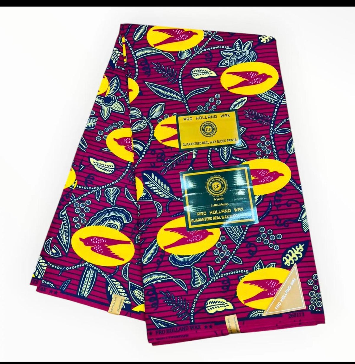 Pro Holland Wax African Print Fabric – Burgundy & Yellow Bird Design