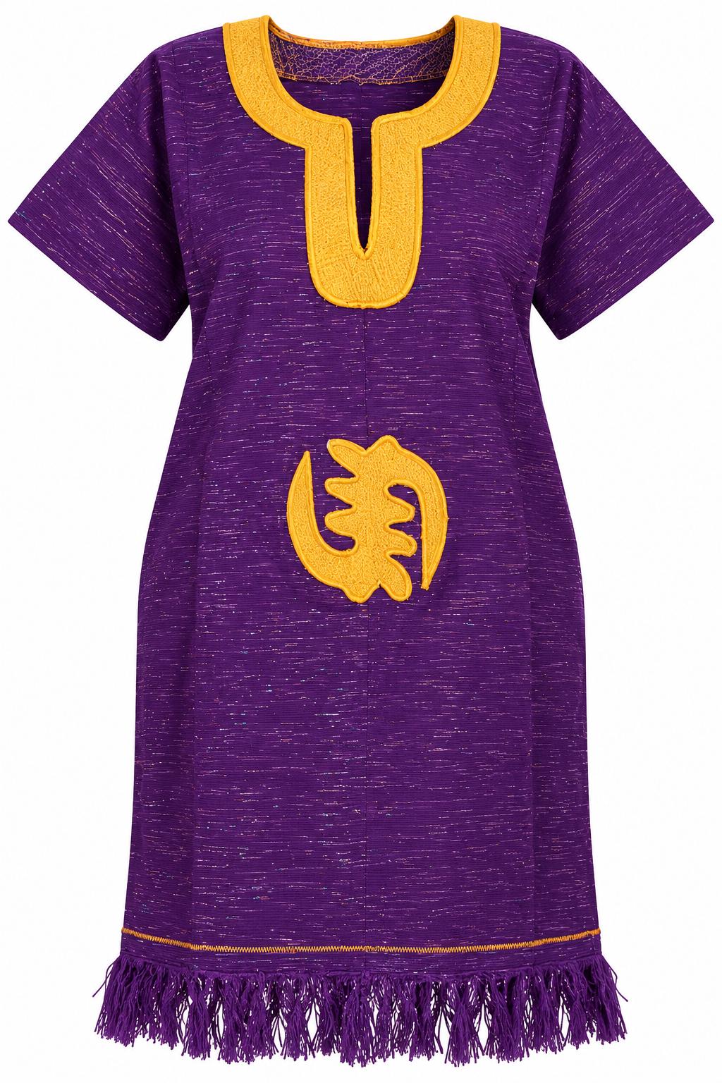 Purple Ghanaian-Inspired Traditional Tunic Dress with Gold Adinkra Detail