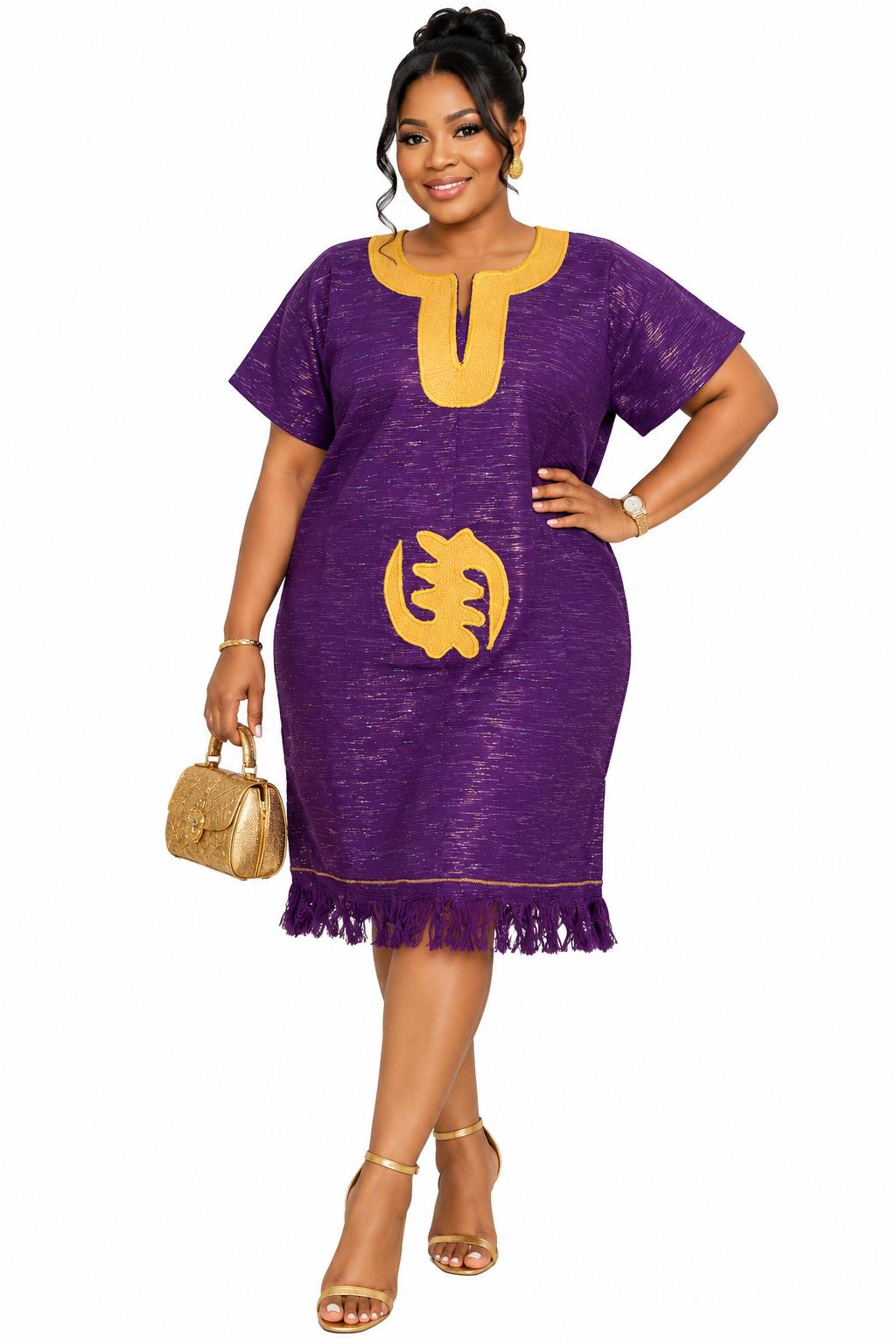 Purple Ghanaian-Inspired Traditional Tunic Dress with Gold Adinkra Detail